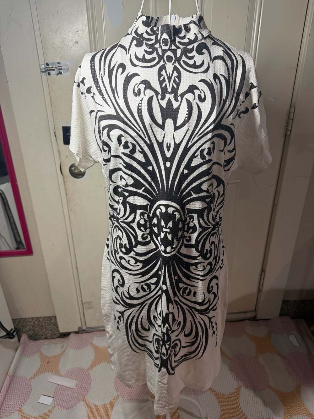 Grayse Black and White Damask Print Mock Neck Dress Size XL